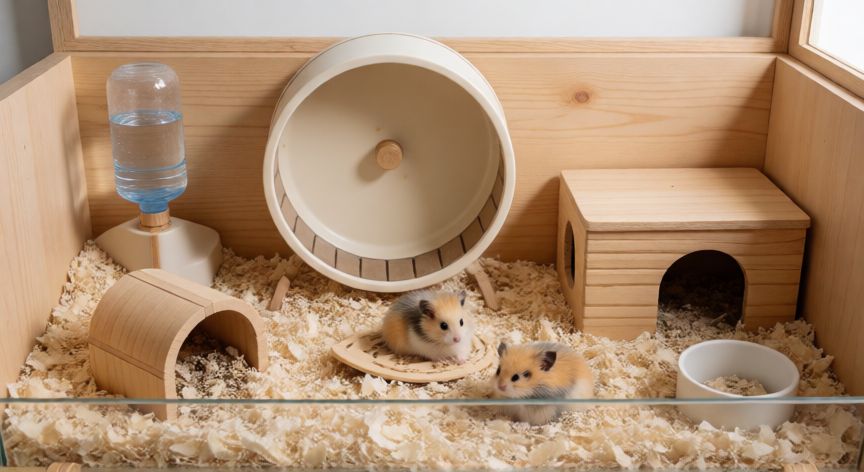 mascota hamster cuidados, Hábitat espacioso y limpio para hamster con rueda y nido