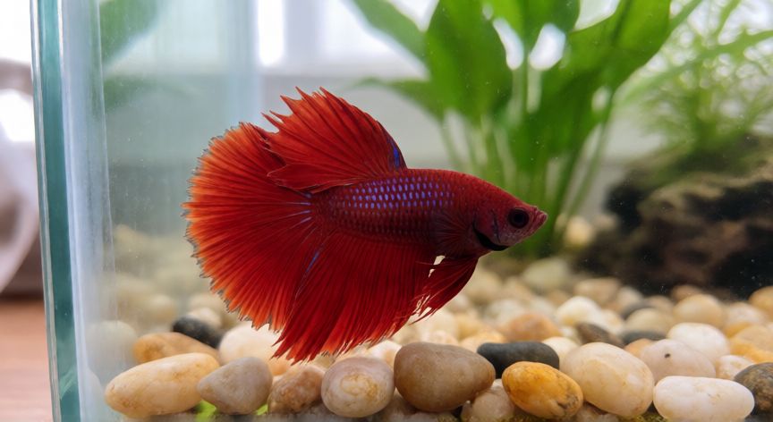 mascota pocos cuidados, Pez betta rojo nadando en un acuario con plantas acuáticas