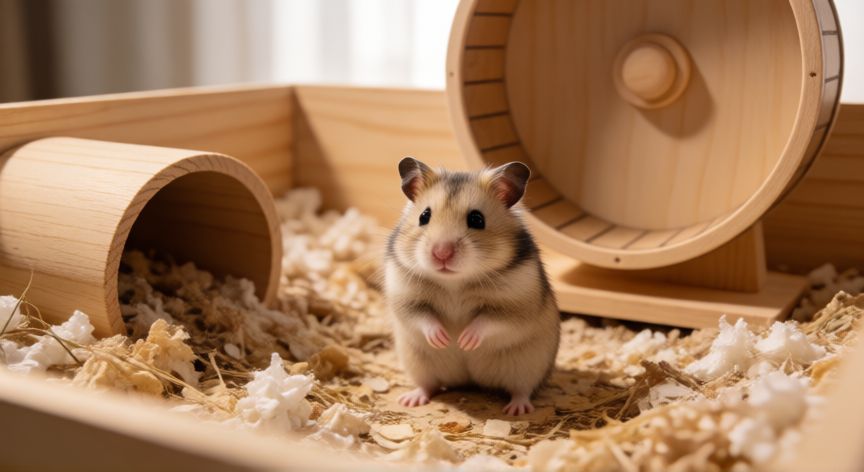 mascota pocos cuidados, Hámster sirio dentro de una jaula de madera con material de cama