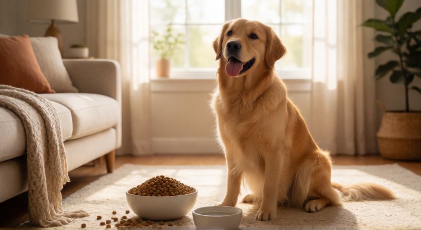 mascotas cuidados y responsabilidades, Perro feliz en casa con cuenco de alimento