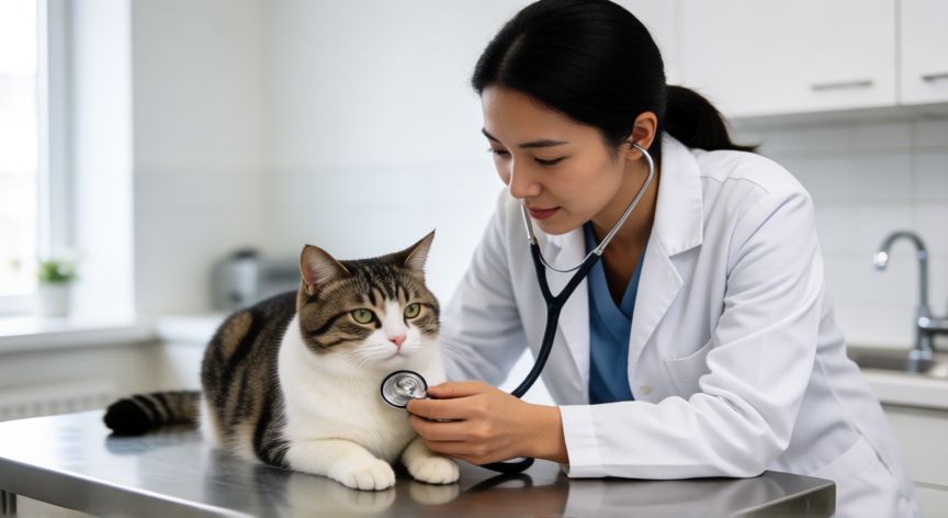 mascotas cuidados y responsabilidades, Veterinario revisando a un gato en clínica