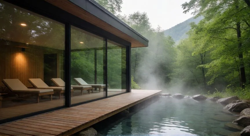 mejor balneario pais vasco, Exterior de un centro de bienestar moderno rodeado de naturaleza en Euskadi
