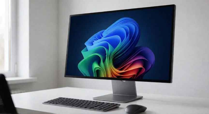 Monitor de escritorio mostrando la pantalla de bloqueo de Windows 11 sobre un escritorio limpio