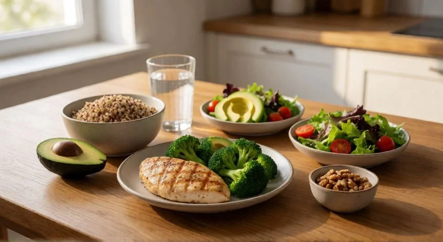 mejor forma de adelgazar, Comida preparada saludable con proteína, verduras y cereales integrales sobre mesa de madera