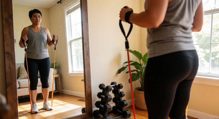 mejor forma de adelgazar, Persona realizando ejercicio de fuerza con bandas elásticas en casa