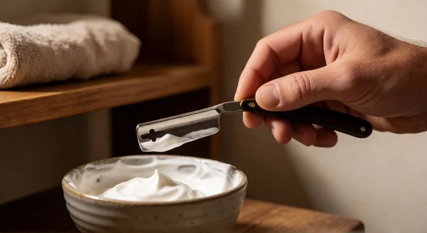 mejor forma de afeitarse la barba, Mano sosteniendo una navaja de afeitar sobre un bol con espuma de afeitar en un baño