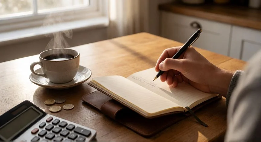mejor forma de ahorrar dinero, Persona anotando su presupuesto mensual en una libreta sobre una mesa de cocina con café y calculadora