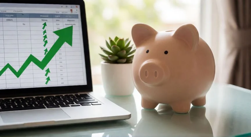 mejor forma de ahorrar dinero, Cerdito de ahorro sobre un escritorio con portatile mostrando una hoja de cálculo financiera ascendente
