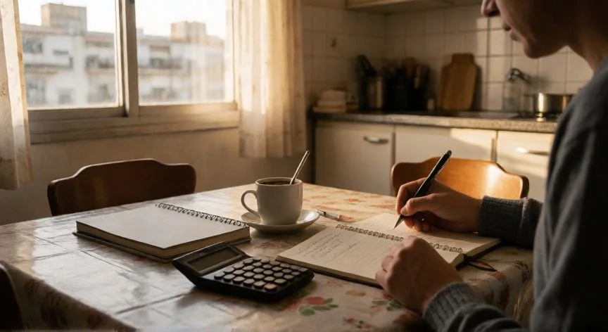 mejor forma de ahorrar en argentina 2025, Persona anotando presupuesto mensual con mate y calculadora en Buenos Aires