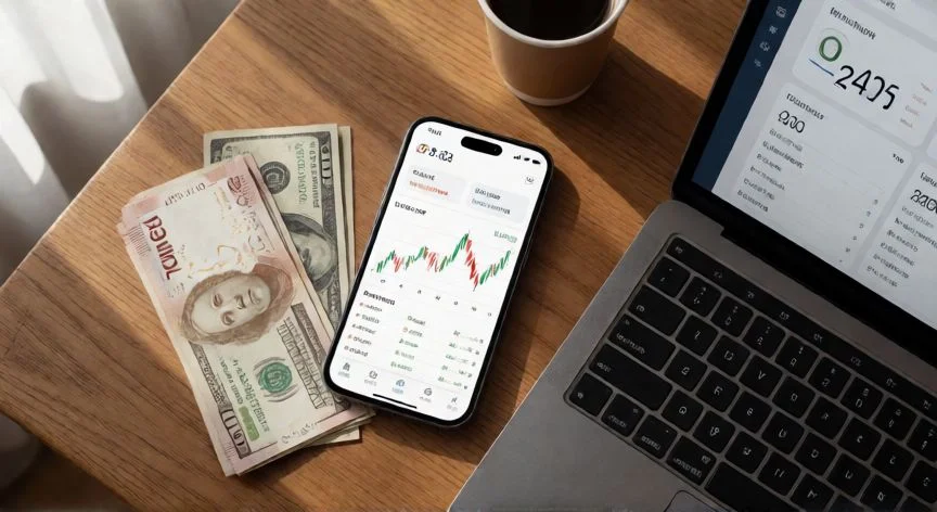 mejor forma de ahorrar en argentina 2025, Vista cenital de herramientas de inversión: celular, pesos, dólares y laptop con portafolio