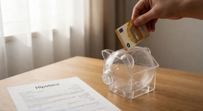 mejor forma de amortizar hipoteca, Mano guardando dinero en un hucha con forma de casa junto a un contrato de hipoteca