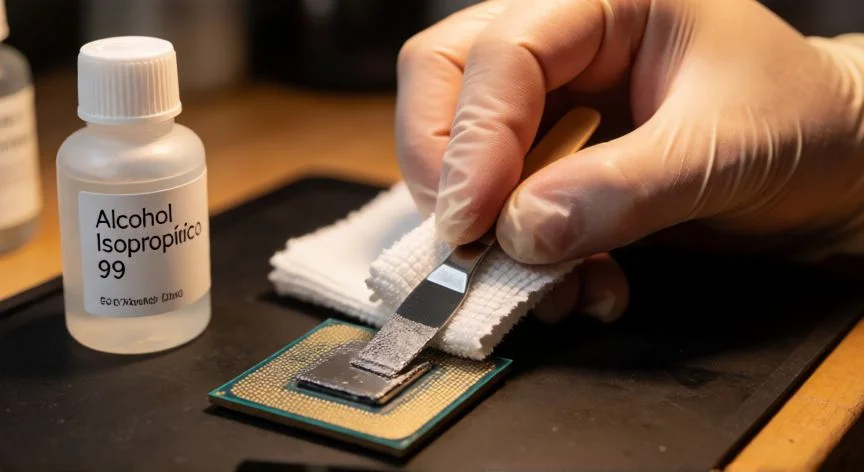 mejor forma de aplicar pasta termica, Limpieza de la pasta térmica antigua con alcohol isopropílico y paño de microfibra