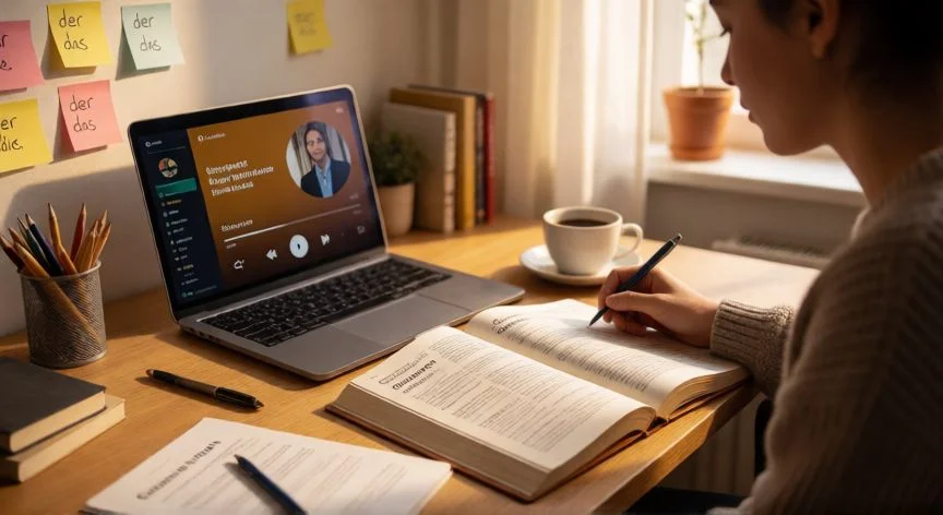 mejor forma de aprender aleman, Persona estudiando alemán en su escritorio con apuntes y laptop