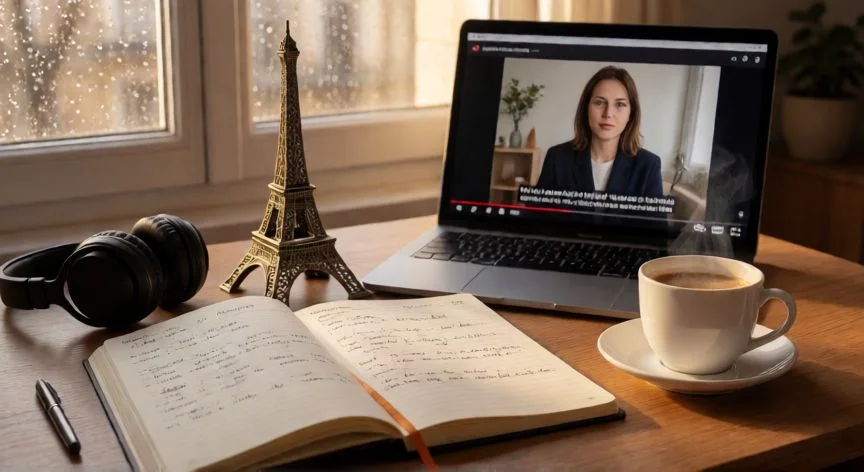 mejor forma de aprender frances, Mesa de estudio para aprender francés con cuaderno, auriculares y laptop