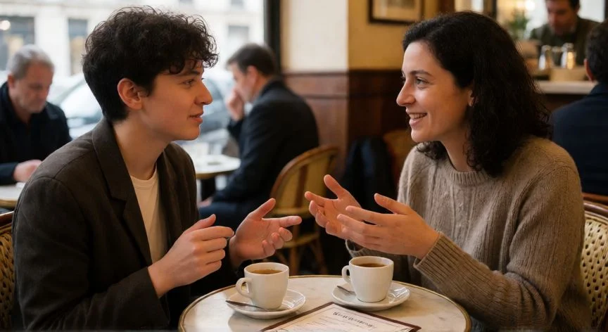 mejor forma de aprender frances, Intercambio conversacional en francés en una cafetería parisina
