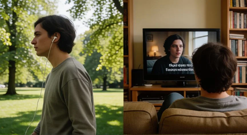 mejor forma de aprender ingles, Persona escuchando podcast en un parque y viendo serie en inglés con subtítulos en casa