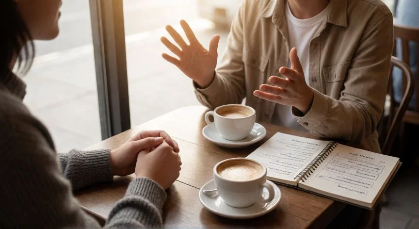 mejor forma de aprender ingles 2025, Práctica de conversación en inglés en un café entre dos personas
