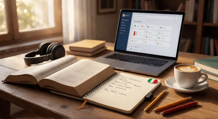 mejor forma de aprender italiano, Mesa de estudio con libro de gramática italiana, cuaderno con anotaciones y auriculares para práctica de escucha