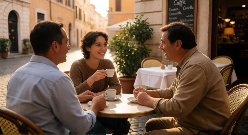 mejor forma de aprender italiano, Persona practicando conversación italiana en una plaza italiana tomando un espresso