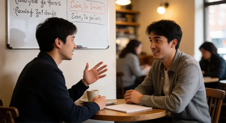 mejor forma de aprender un idioma, Dos personas practicando un intercambio de idiomas en una cafetería con pizarra al fondo