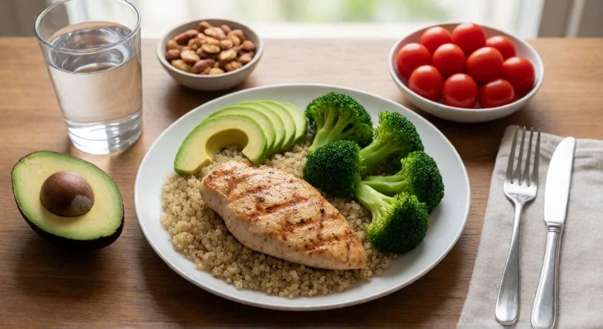 mejor forma de bajar barriga, Comida saludable equilibrada con proteína magra y vegetales para mantener déficit calórico y bajar grasa abdominal