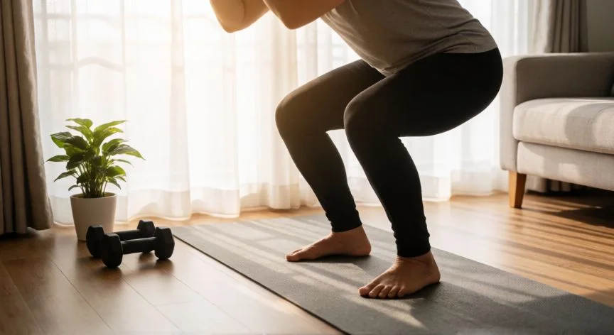 mejor forma de bajar de peso, Persona realizando sentadillas con peso corporal en casa como parte de su rutina de entrenamiento de fuerza