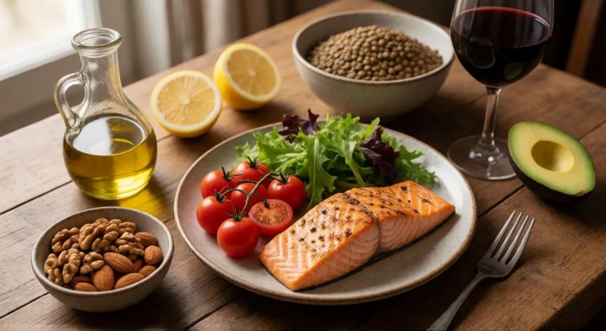 mejor forma de bajar el colesterol, Mesa con dieta mediterránea: salmón, verduras, frutos secos y aceite de oliva para reducir el colesterol