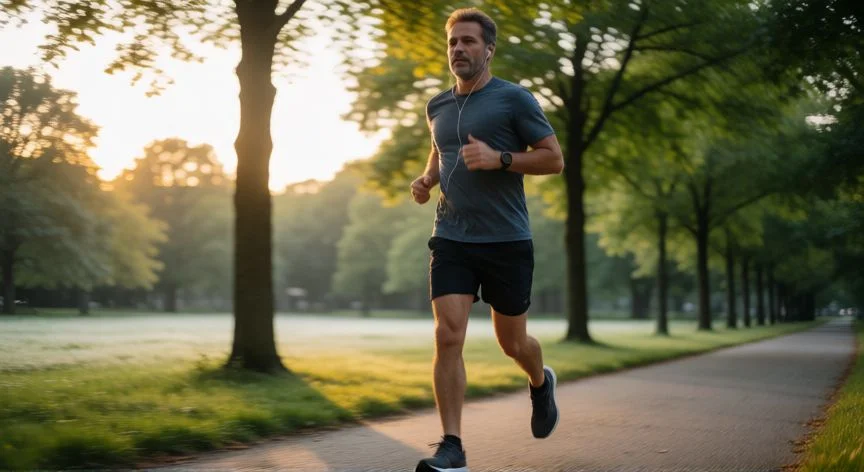 mejor forma de bajar el colesterol, Hombre haciendo ejercicio aeróbico por la mañana en un parque para mejorar sus niveles de colesterol