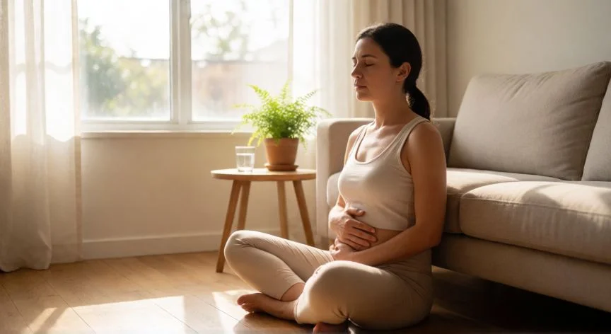 mejor forma de bajar el cortisol, Mujer practicando respiración diafragmática en un salón luminoso con luz natural de la mañana