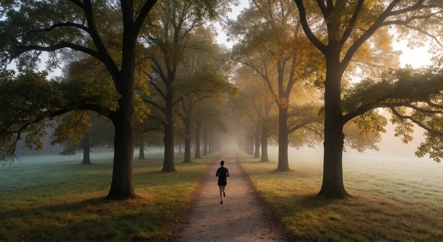 mejor forma de bajar el cortisol, Persona corriendo por un sendero arbolado en un parque durante la mañana con luz dorada