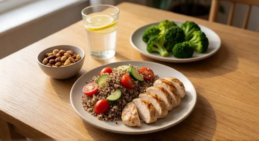 Mesa con comida saludable preparada: pollo, quinoa, verduras y frutos secos