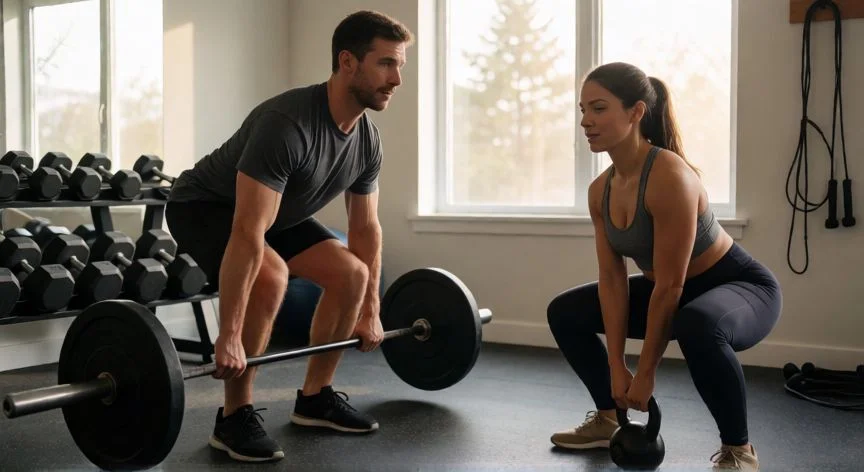 mejor forma de bajar grasa abdominal, Hombre y mujer entrenando con pesas en un gimnasio doméstico bien iluminado