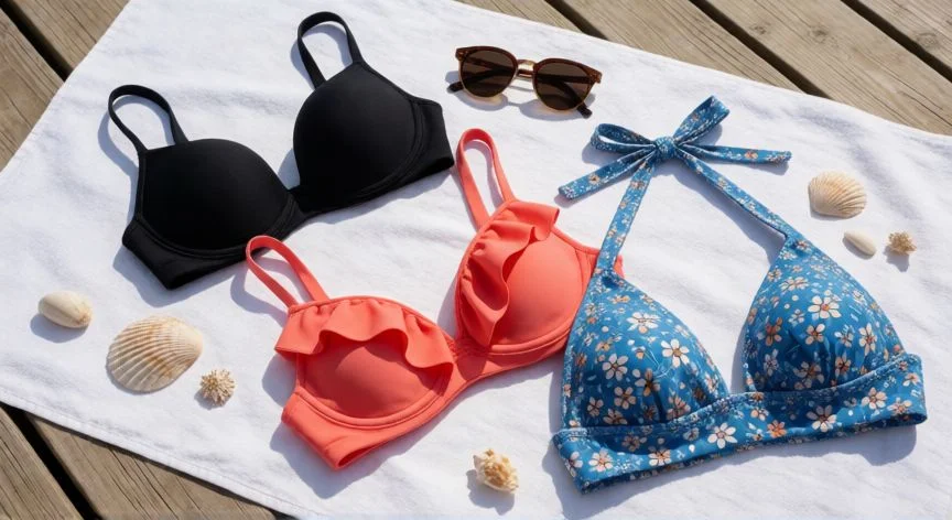mejor forma de bikini para poco pecho, Selección de tops de bikini con relleno, volantes y estampado sobre toalla