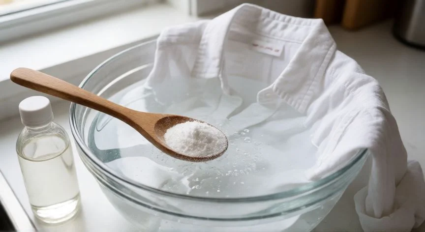 Camisa blanca remojándose en agua con percarbonato de sodio y bicarbonato sobre encimera de cocina