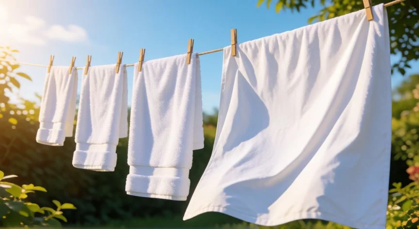 mejor forma de blanquear la ropa blanca, Ropa blanca recién lavada tendida al sol en un jardín soleado