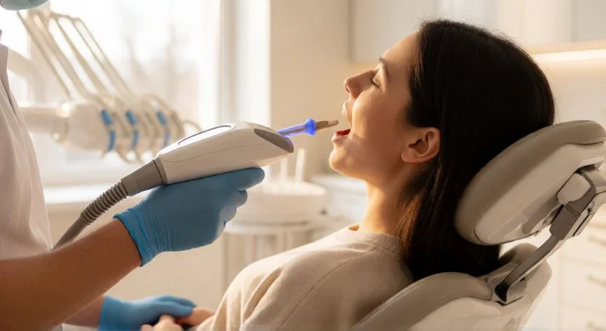 mejor forma de blanquear los dientes, Dentista realizando un tratamiento de blanqueamiento dental con luz LED en clínica