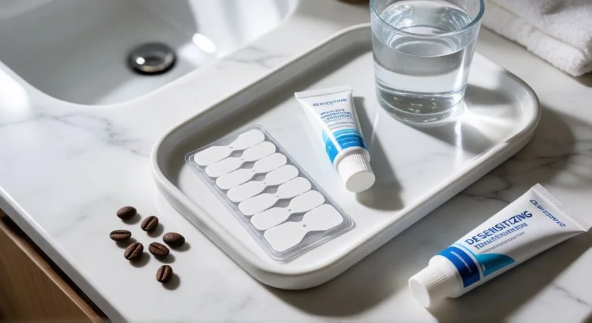 mejor forma de blanquear los dientes, Kit de blanqueamiento dental casero con tiras y gel sobre encimera de baño