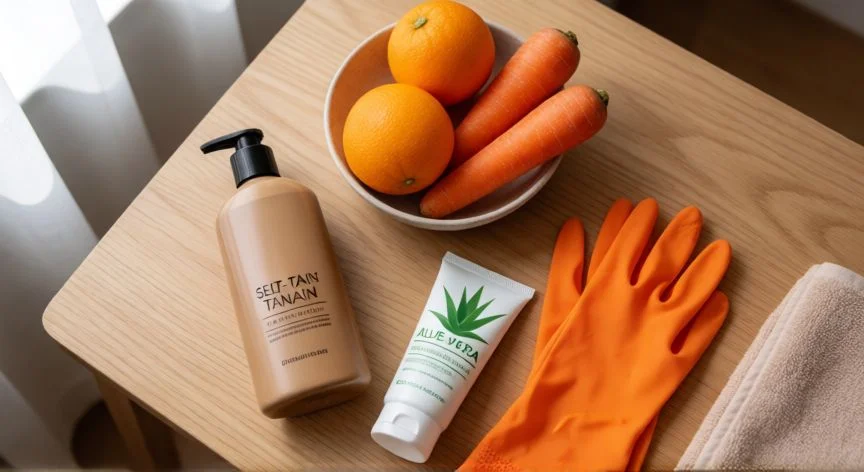 mejor forma de broncearse, Productos de autobronceado y alimentos ricos en betacaroteno sobre mesa de madera