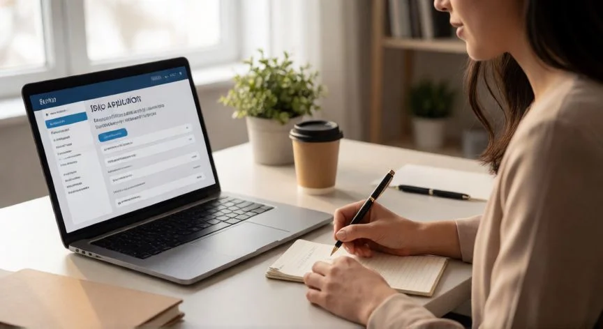 Mujer profesional preparando su currículum y aplicando a ofertas de empleo en su escritorio