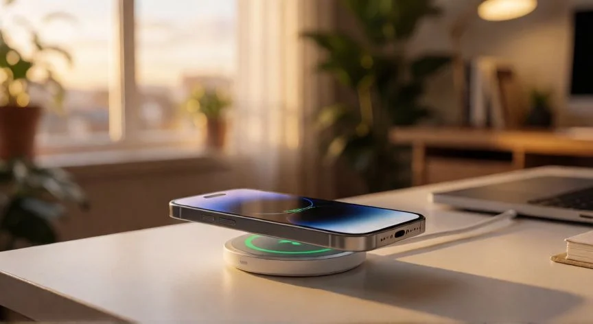 mejor forma de cargar iphone 16, iPhone 16 cargándose de forma inalámbrica sobre un cargador MagSafe en casa