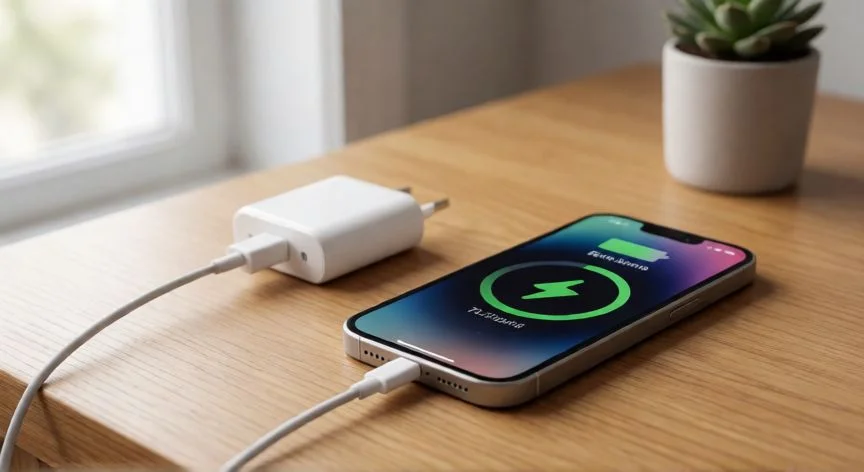 mejor forma de cargar iphone 17, iPhone 17 cargando con cable USB-C sobre una mesa de madera con luz natural