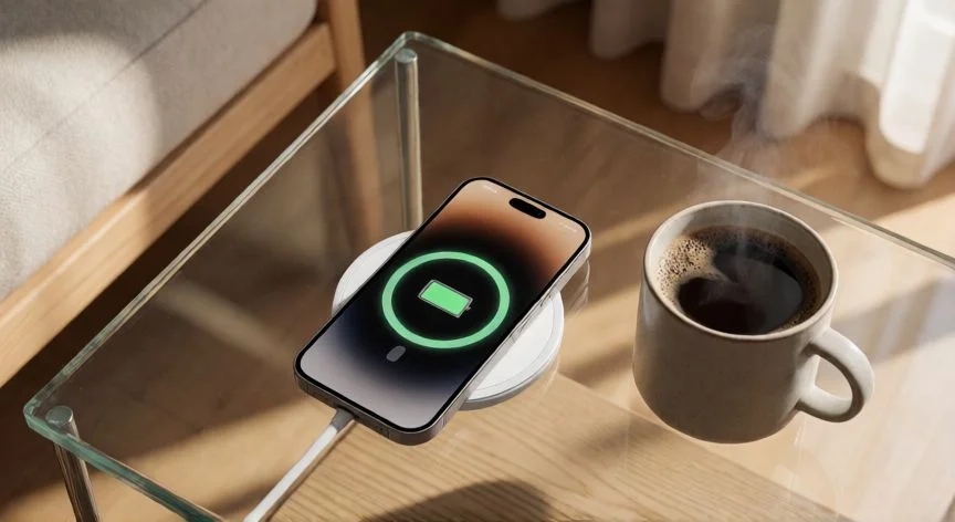 mejor forma de cargar iphone 17, iPhone 17 cargando de forma inalámbrica con MagSafe sobre una mesa de cristal