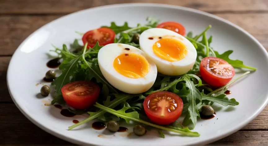 mejor forma de cocer huevos, Huevos cocidos al punto perfecto cortados por la mitad sobre rúcula fresca con tomates cherry y alcaparras