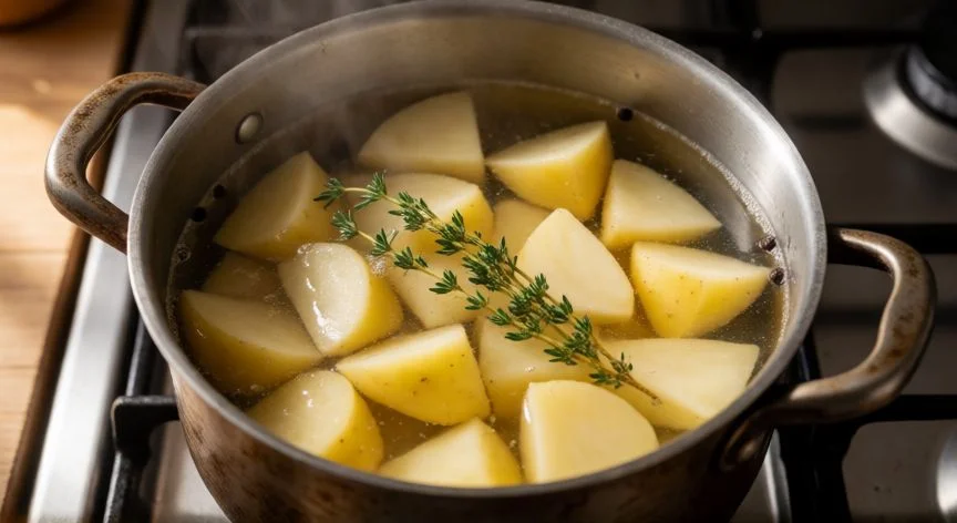 Olla al fuego con patatas cortadas en trozos uniformes cociendo a fuego suave con tomillo fresco