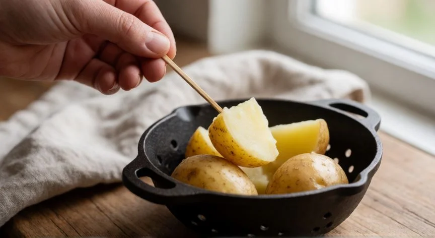 mejor forma de cocer patatas, Manos probando la cocción de una patata con un palillo de madera junto a un colador con patatas cocidas