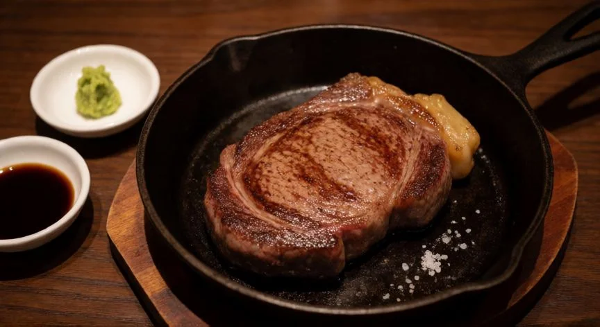 mejor forma de cocinar wagyu, Chuletón de wagyu sellado en sartén de hierro fundido con sal en escamas y wasabi fresco al lado
