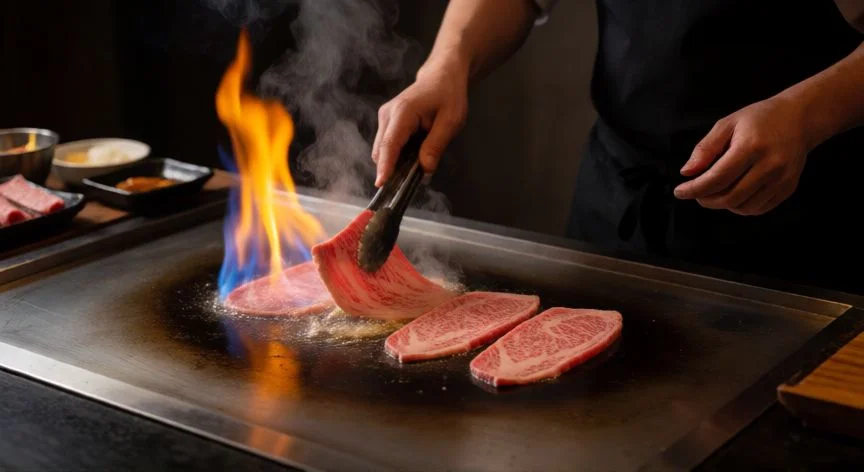 mejor forma de cocinar wagyu, Tiras de wagyu A5 cocinándose en plancha teppanyaki con fuego vivo y vapor ascendente