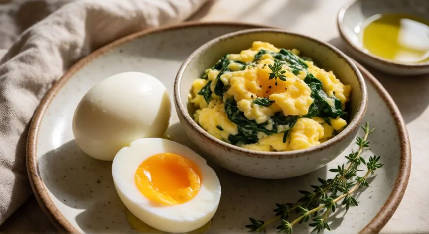 mejor forma de comer huevo, Huevo cocido pasado y revuelto con espinacas sobre plato cerámico