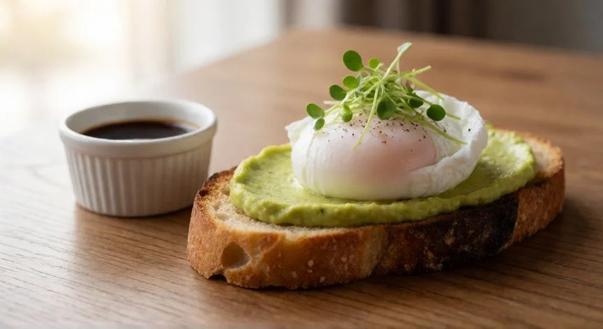 mejor forma de comer huevo, Huevo poché sobre tostada de pan integral con aguacate y microbrotes