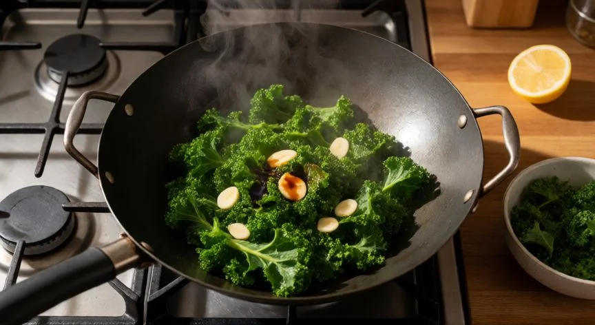 mejor forma de comer kale, Kale salteado en un wok con ajo y salsa de soja sobre encimera de madera